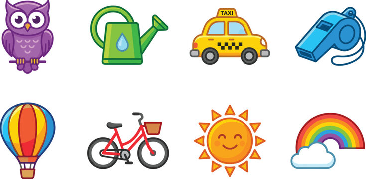 Vibrant vector sticker illustration set featuring purple owl, green watering can, yellow taxi, blue whistle, hot air balloon, red bicycle, smiling sun, rainbow cloud elements,