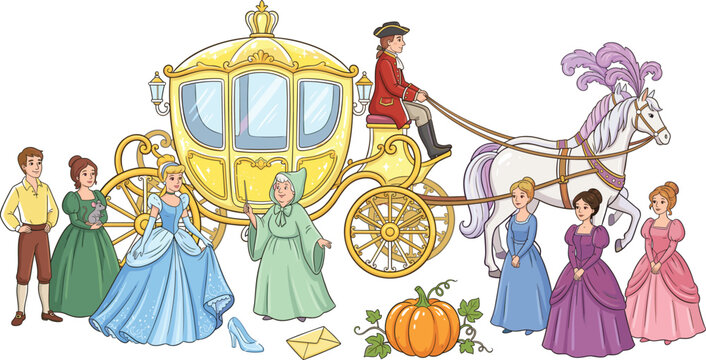 Cinderella fairy tale character collection set with golden carriage princess pumpkin and horse vector illustration.