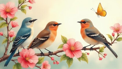 Fototapeta premium Three colorful birds, yellow butterfly sit on tree branch with pink flowers. Blue bird, robin redbreast, grey bird are perched together on blooming spring limb. Nature scene with feathered friends.