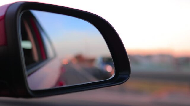 The sun is reflected in the mirror, evening road. View in the side rear view mirror of a red car driving along the highway