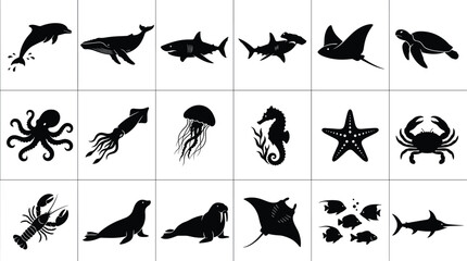 Marine Animal Silhouette Icon Set Featuring Dolphins Sharks Turtles Octopus Rays Fish and Ocean Wildlife © MstRumana