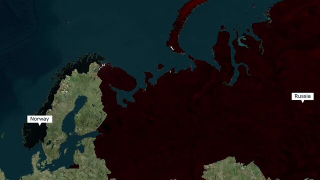Satellite map animation of the arctic border between Norway and Russia highlighting Scandinavian geopolitics and northern security for news broadcast