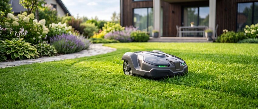 Autonomous robotic lawn mower cutting green grass in garden