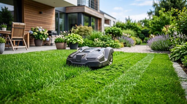 Autonomous robotic lawn mower cutting green grass in garden