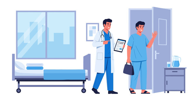 Doctor Escorting Patient Out of Hospital Room, Medical Concepts