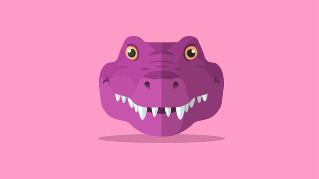 Cute purple cartoon dinosaur or alligator head in flat design vector illustration on a vibrant pink background. Playful reptile character.