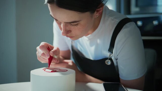 Young woman focuses intently, decorating a white cake with red icing. Her expression shows calm concentration and artistic care. She uses a fine tool to create delicate patterns