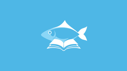 Fototapeta premium Stylized blue fish icon resting on an open book, symbolizing marine education, aquatic knowledge, wisdom, and learning. Flat vector graphic.