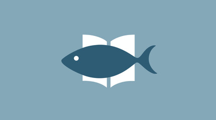 Fototapeta premium Abstract stylized blue fish symbol on an open book icon. Concept of ocean knowledge, marine biology education, or aquatic learning.