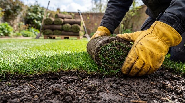 Gardener laying fresh turf rolls to create new green lawn