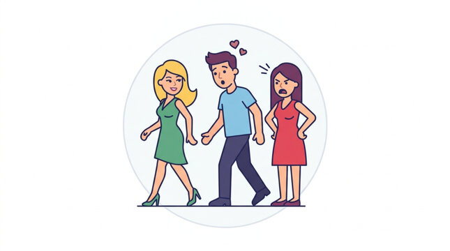 Man walking between two women one happy one angry.
