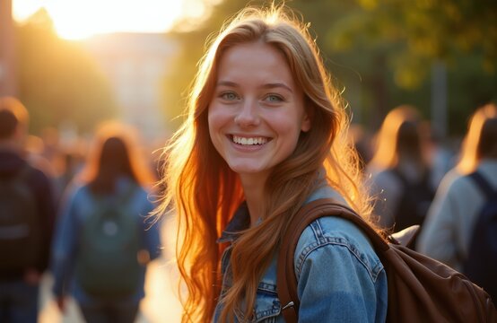 Smiling young woman with long auburn hair wears denim jacket and backpack. She walks on sunny day with other students at university campus during golden hour. This portrait captures happy student.