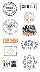 Obraz premium Grunge rubber sold out stamp collection, vintage ink seal vector set, black and orange distressed retail labels for e-commerce and inventory