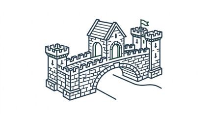 Medieval Stone Bridge With Towers And Gatehouse Illustration. © Franky