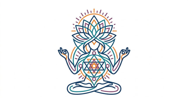 Meditating person with sacred geometry and lotus flower symbol.