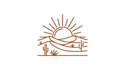 Minimalist desert landscape with sun and cactus line art. © Franky