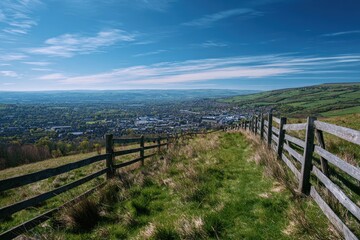 Fototapeta premium Pastoral vista with wooden fence, green fields, and distant town under sky