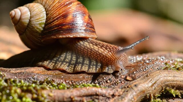 Close-up macro shot of a snail crawling slowly across wet wood with green moss and water droplets