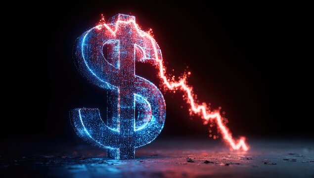Glowing digital dollar symbol with a bright red downward trend line on a dark background
