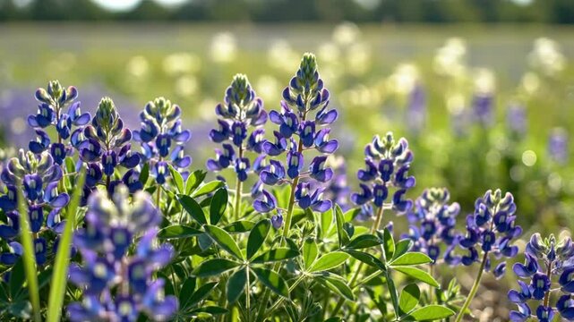 Lush field of Texas bluebonnets bathed in sunlight, vibrant wildflowers blooming in spring, peaceful and serene nature scene