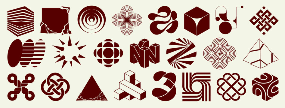 Geometric optical illusion symbols set with 3D cubes spirals knots circles and abstract line shapes