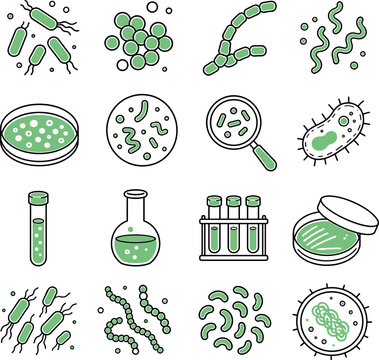 Microbiology bacteria icons form a scientific vector set