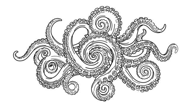 Intricate black and white line art illustration of a swirling octopus with detailed tentacles