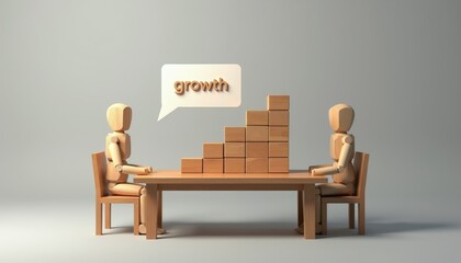 Fototapeta premium Two wooden figures sit at a table discussing growth. Blocks form a staircase, symbolizing upward progress. Conversation about development and future plans.