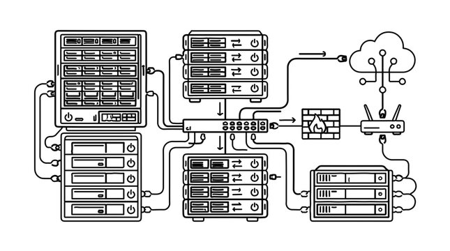 Network infrastructure diagram with servers, switch, firewall, and cloud connectivity