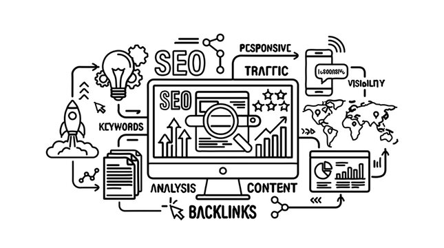 Seo search engine optimization concept with computer and marketing icons