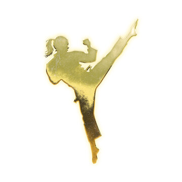 Shining golden female karate fighter delivering a dynamic high kick, alpha channel