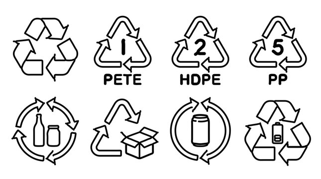 Recycling symbols for plastic, glass, paper, and metal