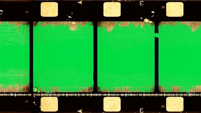Vintage continuous film roll track layout containing clean green screen blocks and sprocket holes abstract cinematic background video editing motion graphics footages clip assets footage.
