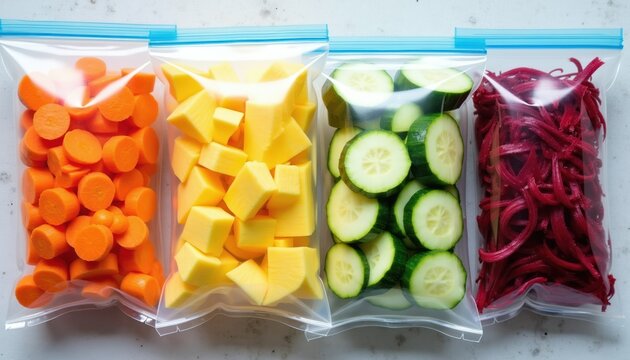 Four bags hold prepped veggies sliced cucumbers, shredded beets, diced squash, and sliced carrots. Food prep saves time. Fresh produce storage for healthy meals. Eat better.