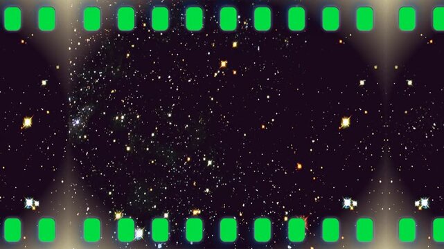 Cosmic starry night sky background with floating dust particles inside a classic cinema border abstract cinematic video editing motion graphics footages clip assets footage digital retro.
