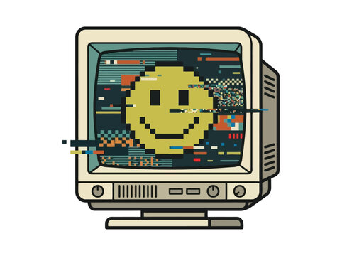 Retro monitor displays a pixelated smiley face graphic