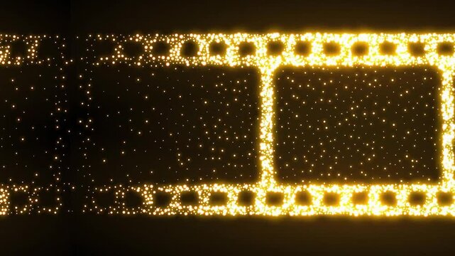 Glittering gold sparkle bokeh particles glowing along a dark horizontal cinematic film track line video editing motion graphics footages clip assets footage digital retro classic design.
