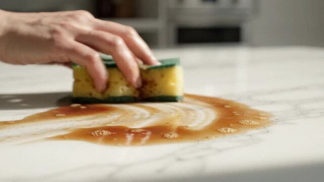 Hand cleaning spilled liquid from a marble kitchen countertop