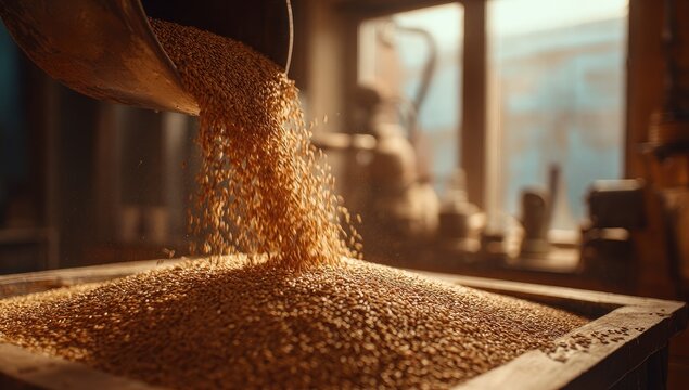 Golden grains cascade from a metal scoop into a wooden bin