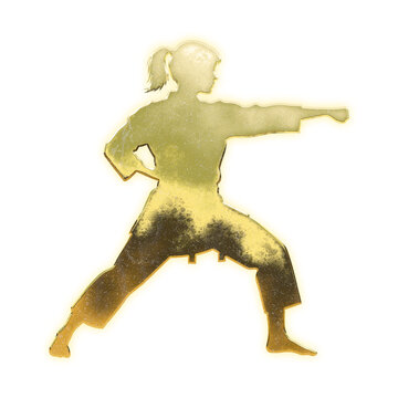 Shining golden female karate fighter performing a Seiken Zuki straight punch, alpha channel