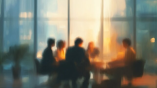 Silhouetted business people in a sunlit room, meeting around a table