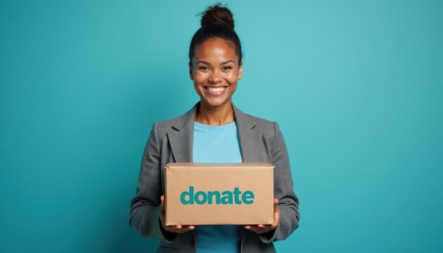 Woman smiles holding cardboard box with word donate. Person offers help with charity donation. Female volunteer supports good cause, humanitarian aid, selfless act.