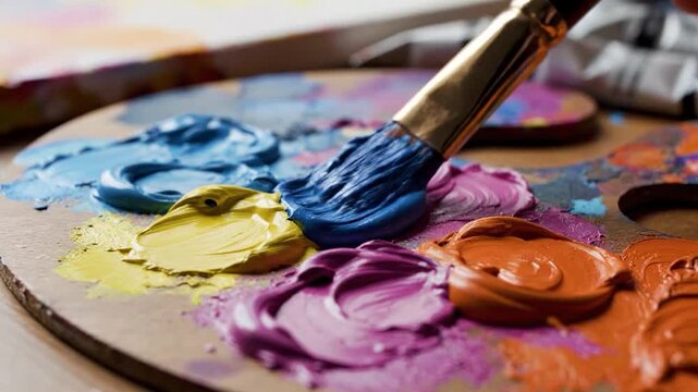 Paintbrush mixing blue oil paint on a wooden artist palette with colorful blobs of paint