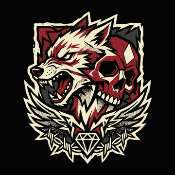 Illustration of a snarling canine with a skull and diamond
