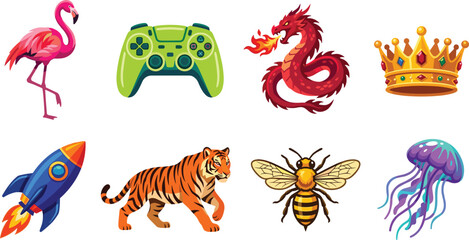 Vibrant vector sticker illustration set featuring pink flamingo, gamepad controller, fire dragon, gold crown, rocket spaceship, wild tiger, honey bee, ocean jellyfish graphic elements, © EdGe Creative