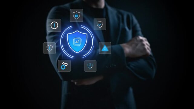 Enterprise AI Security Protection Businessman Touching Shield Icon. Risk Management Cybersecurity Technology. artificial intelligence governance compliance monitoring and cybersecurity defense control