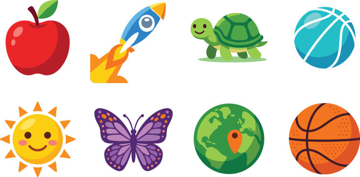 Colorful flat design vector sticker set featuring red apple, rocket spaceship, cute turtle, blue ball, smiling sun, purple butterfly, planet earth globe, orange basketball graphic elements,