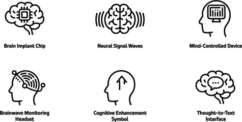 Obraz premium Black and White Neurotechnology Icon Set Vector Illustration Featuring Brain Implant Chip, Neural Signal Waves, Mind-Controlled Device, Brainwave Monitoring Headset, Cognitive Enhancement Symbol