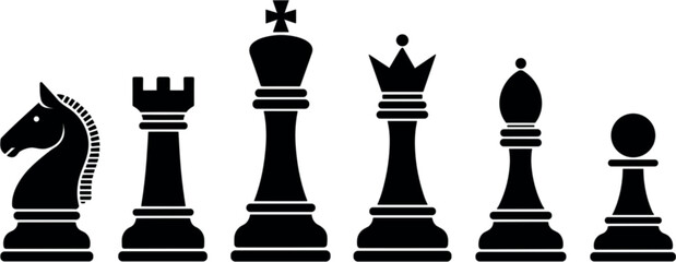 Black Chess Pieces Silhouette Vector Illustration Set Featuring Knight, Rook, King, Queen, Bishop, and Pawn for Board Game Clubs, Strategic Thinking Concepts, and Competition Graphic Designs © Rafad_Studio