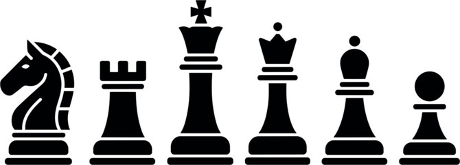 Black Chess Pieces Silhouette Vector Illustration Set Featuring Knight, Rook, King, Queen, Bishop, and Pawn for Board Game Clubs, Strategic Thinking Concepts, and Competition Graphic Designs © Rafad_Studio